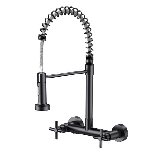 Hurran Wall Mount Kitchen Faucet, Hurran Matte Black Kitchen Sink Faucet, 8 Inch Utility Sink Faucet with Pull Down Sprayer, 2 Handle Wall Mount Commercial Sink Faucet for Kitchen Laundry Room Restaurant