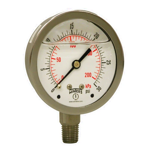 Winters Instruments Winters PFQ Series Stainless Steel 304 Dual Scale Liquid Filled Pressure Gauge with st/st Internals, 0-2000 psi/kpa 1-1/2