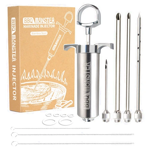 OFG BBQ Monster Meat Injector Syringe Kit with 4 Professional Marinade Injector Needles for BBQ Grill Smoker, Turkey and Brisket; 2-oz Large Capacity, Including Paper User Manual, Recipe E-Book (PDF)
