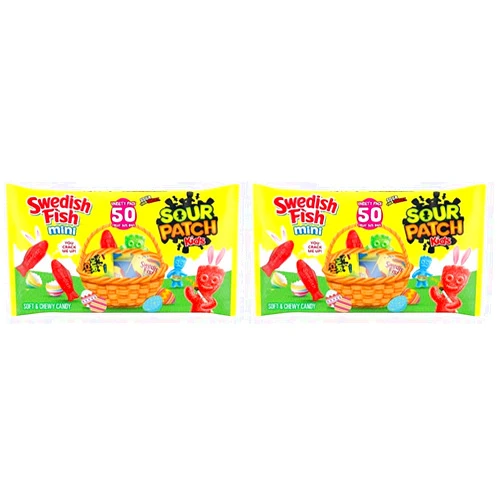 SOUR PATCH KIDS and SWEDISH FISH Mini Soft & Chewy Easter Candy Variety Pack, 50 Snack Packs (Pack of 2)