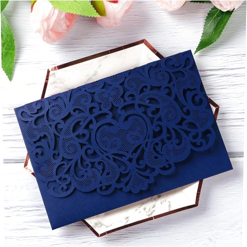 YHT-IN YHOTA 20 Pieces Laser Cut Wedding Invitations Pocket with Envelope for Wedding Quinceañera Birthday Party Bride Showe Invite 4.92 by 7.28 inches (Dark Blue)