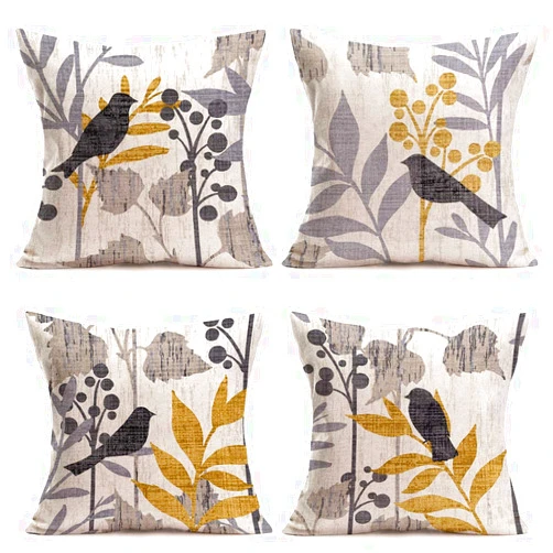 Tlovudori 4Pack Spring Summer Vintage Birds with Leaves Decorative Throw Pillow Covers Retro Rustic Farm Grey Birds Sitting on The Tree Branch Pillow Cushion Cover Home Pillow Case 18”x18” (SB-Birds)