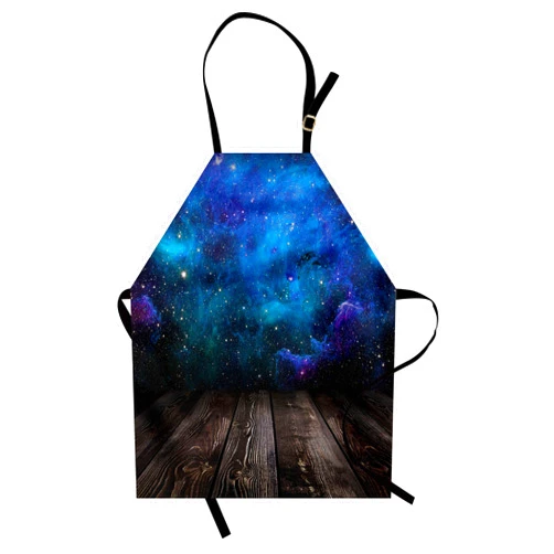 Ambesonne Galaxy Apron, Outer Space View from Rustic Wooden Deck Blue Nebula Star Night, Unisex Kitchen Bib Apron with Adjustable Neck for Cooking Baking Gardening, Black Blue Brown Purple