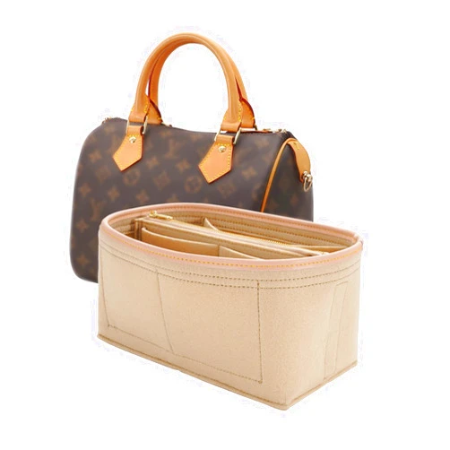 LOUKAYCCI Purse Organizer & Base Shaper Fit Speedy 25 & Neverfull PM, Goyards, MK,Longchamps More,Felt Bag Organizer Insert for Handbags with Metal Zipper [Bag in Bag] (Medium, Beige)