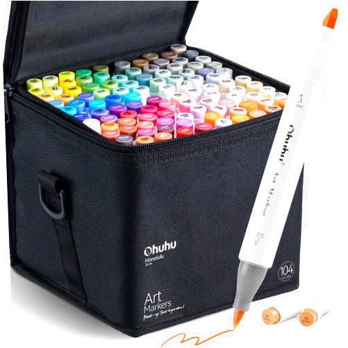 Ohuhu Alcohol Markers Brush Tip- 104-color Double Tipped Alcohol Based Art Marker Set for Artists Adults Coloring Illustration- Honolulu of Ohuhu Markers- Dual Tip Brush & Chisel- Refillable