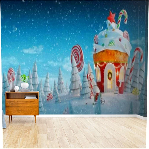 Kanworse Amazing fairy Christmas house in shape of Christmas gingerbread muffin Canvas Wallpaper Print Self Adhesive Peel & Stick Wallpaper Wall Mural Wall Decal Wall Sticker Poster Home Decor for Living Room