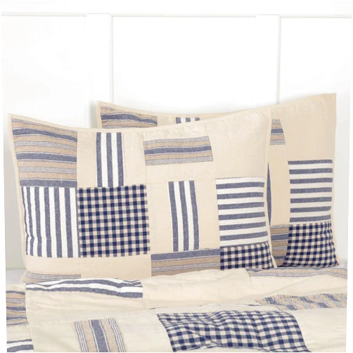 Piper Classics Doylestown Blue Standard Size Patchwork Bed Pillow Sham, Gingham Checks, Grain Sack & Ticking Stripes, Blue & Cream Vintage Farmhouse Bedding, Rustic Country, Cottage Bedroom