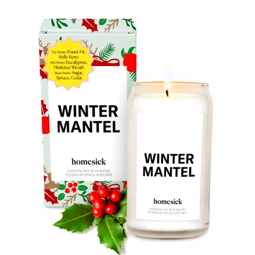 Homesick Scented Candles for Home (Winter Mantel) - 13.75 oz Long-Lasting Soy Wax Blend Jar Candle Gifts for Women & Men for All Occasions, 60-80 Hours Burn Time - Notes of Fraser Fir & Holly Berry