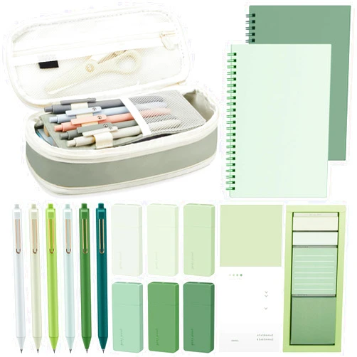 Mooliwe 16 Pcs Green School Supplies Cute Large Pencil Case 6 Retractable Black Ink Gel Pens 2 Ruled Spiral Notebook 6 Correction Tape 480 Sheets Sticky Notes Aesthetic Stationery Set for Study Office