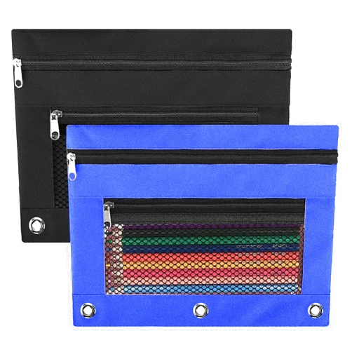 PUPCONE Pencil Pouch, 3 Ring Binder Pencil Bag with Large Capacity, Zipper Pulls Double Pockets Pencil Case with 3 Binder Hole and Mesh Window (Blue and Black)