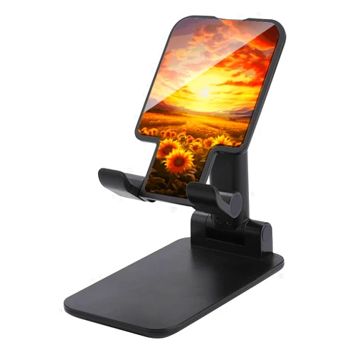 VFKLT Foldable Cell Phone Holder, Cute Dreamlike Sunset of A Sunflower Field Printed Adjustable Cell Phone Holder Desk Phone Holder for Watching Movie Check Recipe Watch Short Videos Black