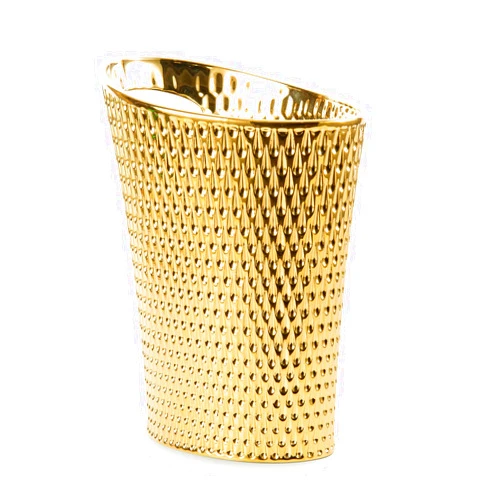 BASDHE Mini Desktop Trash Can, 1.5L Capacity, Gold Color, Ceramic Material, Inclined Opening Design, Fits Small Spaces