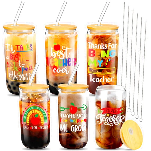 Pinkunn 6 Set Teacher Appreciation Week Gifts for Women Thank You Teacher Practitioner Birthday Gifts Glass Cups 16oz with Lids Straws Brushes, 6 Styles(Elegant)