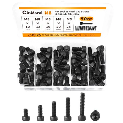 Cicidorai M8 x 10mm 12mm 16mm 20mm 25mm Hex Socket Head Cap Screws Bolts, 12.9 Grade Alloy Steel, Black Oxide Finish, Fully Threaded, Metric Allen Hex Drive, Assortment Kit 50Pcs