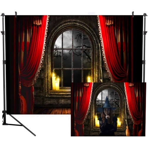 DULUDA 10X8FT Halloween Themed Photography Backdrop Curtain Floor Balcony Moon Magical Broom Background Photo Studio Booth Photographer Props HW42E
