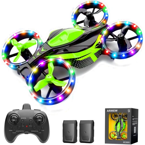 ARMEW Drone for Kids, 3in1 Battle Drones with LED Lights, 3D Flip, Circle Fly, Altitude Hold, Remote Control Car Functions, Mini Drone for Boys Girls 4-8 6-12 Christmas and Birthday Gifts