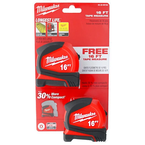 Milwaukee 48-22-6616G 2-Pack of 16’ Compact Tape Measures w/ Double-Sided Tape and Scoring Hook