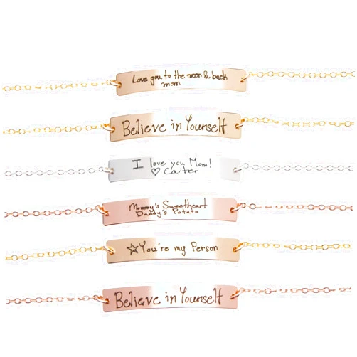 CHIC IN GOLD Custom Handwriting Bracelet, Actual Handwriting Bar, Memorial Signature, Kids Handwritten Note, Personalized Both Sides, Gold, Rose, Silver (CG250B).