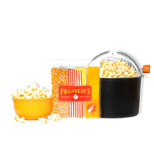 Franklin's Gourmet Popcorn - Movie Night Bundles - Stovepop Popcorn Maker + 4oz Pack of 10 Classic All-In-One Pre-measured Popcorn Packs with Butter Flavored Salt, and Butter Flavored Coconut Oil