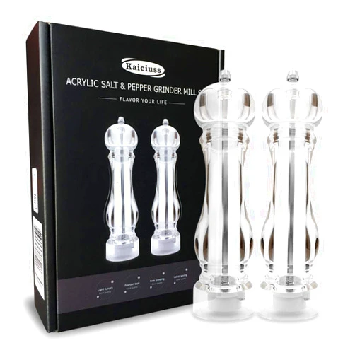 Kaiciuss salt and pepper grinder mill set refillable large,the best transparent acrylic grinders for whole peppercorn and himalayan salt