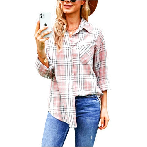 Lumister Oversized Flannel Shirt Women Long Sleeve Plaid Button Buffalo Shirt Blouse Tops with One Pocket
