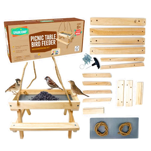 SparkJump Picnic Table Feeder for Squirrels - DIY Woodworking Project for Kids and Families, Includes Tools, Screws, and Paint Set, Sustainable FSC-Certified Wood, Ages 6+