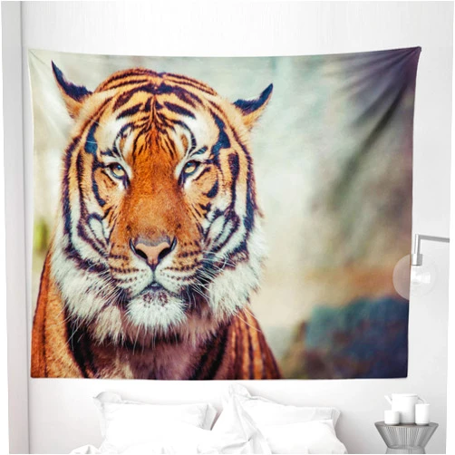 Ambesonne Tiger Tapestry King Size, Large Feline in a Calm State with Blurred Background Close-up Image of a Beast, Wall Hanging Bedspread Bed Cover Wall Decor, 104
