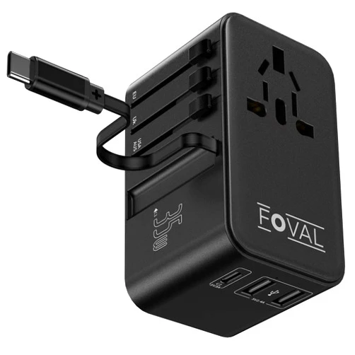 FOVAL Universal Travel Adapter, 35W International Power Adapter with USB C Cable, USB C &2 USB A QC Ports, All-in-one Worldwide Plug Adapter Converter for Europe UK US AUS (Type C/G/A/I)