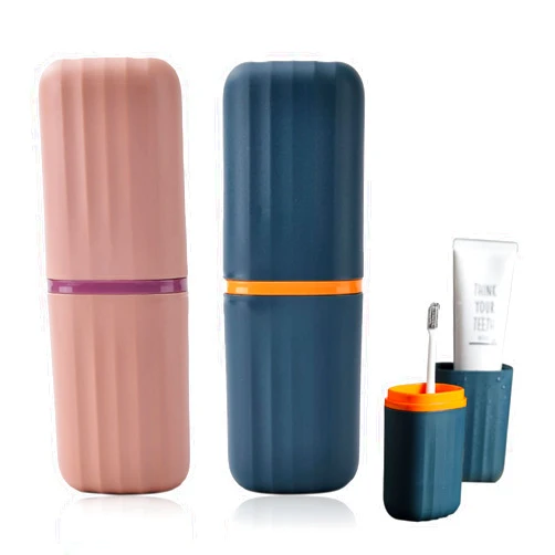 Sunenlyst 2Pcs Travel Toothbrush Cup Case, Portable Toothbrush Holder Case for Traveling, Camping, Business Trip and School, Plastic Toothbrushes Toothpaste Set with Two Colors (Navy blue and Lotus color)