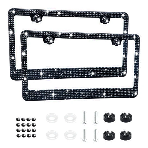 Amiss Bling License Plate Frame for Women, 2Pack Rhinestone Handcrafted Crystal Premium Stainless Steel, Stainless Steel Car Accessories with Diamond Sparkle Glitter Caps (Black)
