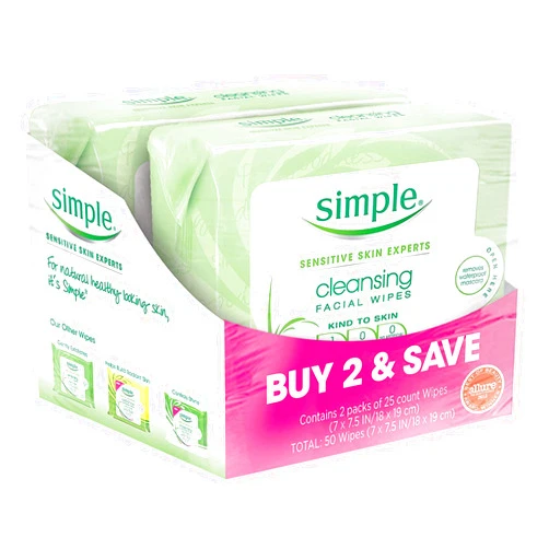 Simple Kind to Skin Facial Wipes, Cleansing 25 ct, Twin Pack