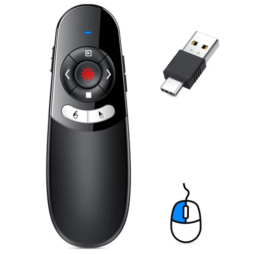 DINOSTRIKE 2 in 1 Type C and USB Presentation Clicker with Air Mouse Control, RF 2.4GHz Wireless Presenter Remote PowerPoint Clicker Slide Pointer Advancer for Computer Laptop Classroom Office
