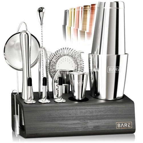 BARE BARREL® Mixology Bartender Kit Bar Set | 14-Piece Cocktail Shaker Set | Martini Barware Mixing Tools for Home Bartending | Incl. 35 Recipe Cards | Gift Set (28oz Boston Shaker, Silver/Black)