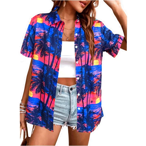 OJLPHH Hawaiian Shirts Women Hawaii Tshirt Cool Floral Tropic Print Graphic Tees Tops Button Up Summer Vacation Shirt