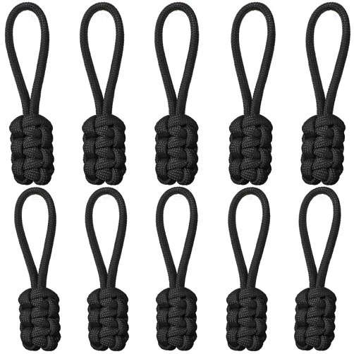 WILLBOND 10 Pieces Replacement Zipper Pulls Tab Universal Nylon Zipper Repair Kit Zipper Slider Pull Tab Zipper Fixer Metal Zipper Head Hand Woven Pull Rope Zipper Handle Cord Pull Tab (Black)