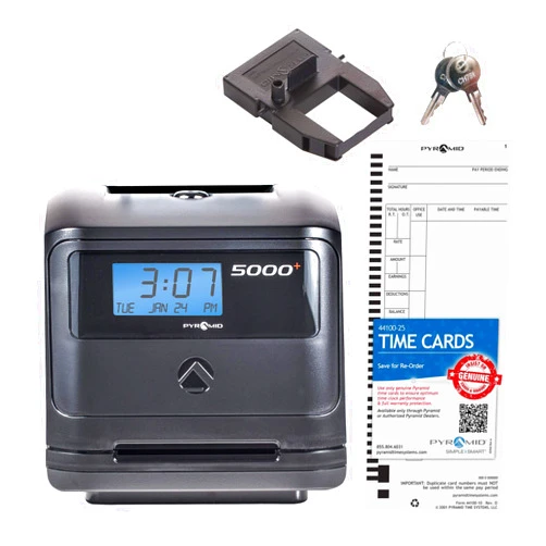 Pyramid Time Systems, Model 5000 Auto Totaling Time Clock, Handles up to 100 Employees, Made in USA, black