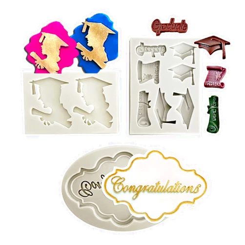 FantasyBear 3 Graduation Candy Mold,Grad Cap Diploma Mould Doctoral Cap Congrats Grad Congratulations Candy Jelly Chocolate Mould for Grad Party Cake Cupcake Topper Decoration