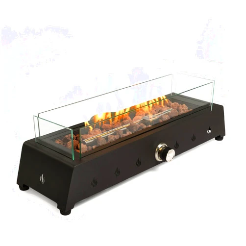 MEOOEM 28'' Tabletop Fire Pit Table, 30,000 BTU Propane Fire Pit with Bottom Air Intake, Outdoor Portable Fireplace Rectangular Fire Bowl w/Wind Glass Shield, Laval Rocks - Black