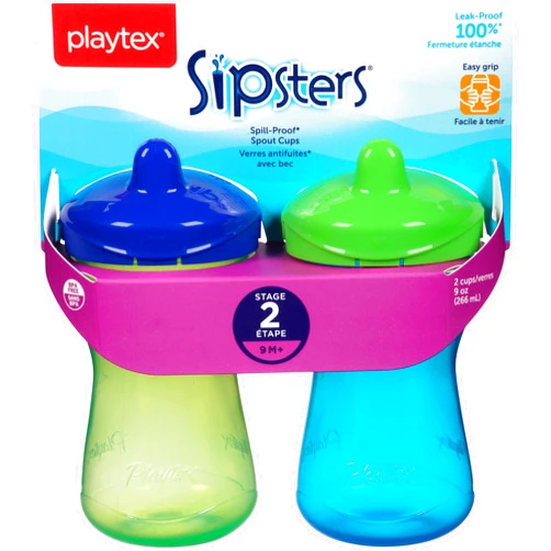 Playtex Baby Playtex Sipsters Stage 2 Spill-Proof, Leak-Proof, Break-Proof Spout Sippy Cups - 9 Ounce - 2 Count (Color May Vary)