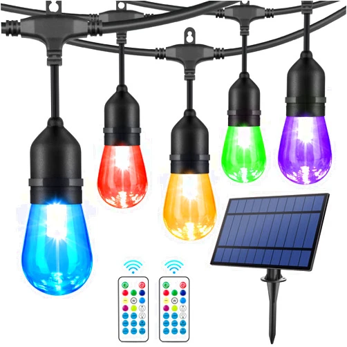 WENFENG 48FT Solar Outdoor RGB String Lights, Dimmable Patio String Lights with Shatterproof Bulbs, Remote, Commercial Solar String Lights for Patio