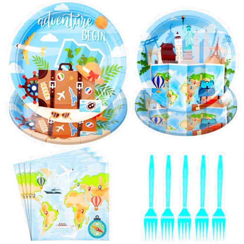 Grencian 96Pcs Travel Party Supplies Adventure Begin Plates Napkins Forks Disposable Travel Party Plates Tableware for Adventure World Awaits Map Party Travel Party Decorations Serves 24