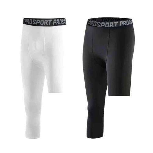 FIHOLL 2 Pack MenCompression Pants One Leg 3/4 Capri Tights Leggings Athletic Base Layer for Gym Running Basketball White+black (Right 3/4) X-Small