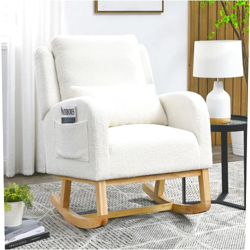 FREESNOOZE 27.5'' W Rocking Chair Nursery, Modern Accent High Back Living Room Casual Armchair Rocker with One Lumbar Pillow, Two Side Pockets, White Teddy
