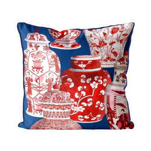 Fabfunky Kelly Stevens-McLaughlan, Chinoiserie Red Vase Collage #4 on Blue Cushion/Pillow Cover, Zippered Base, Full Piping, 18 Inches x 18 Inches