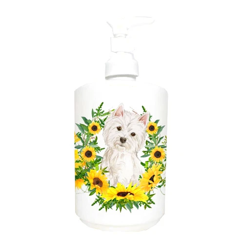 Caroline's Treasures CK2917SOAP Westie in Sunflowers Ceramic Soap Dispenser Hand Soap Dispenser Pump Bottles for Bathroom Kitchen, Empty Refillable Liquid Soap Container