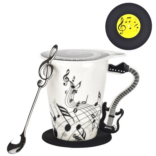 BUYNEED 12.9 oz Guitar Novelty Mug Musical Notes Design Guitar Coffee Cup with Music Cool Themed Lid and Spoon & Coaster,Gifts for Guitar Players Musician,Music Lovers Gift for Women,Men,Black