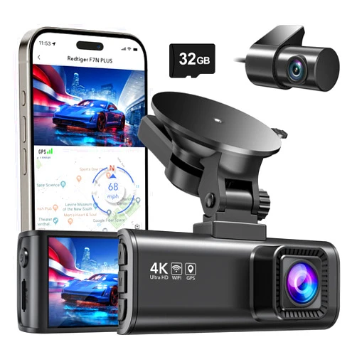 REDTIGER Dash Cam Front Rear, 4K/2.5K Full HD Dash Camera for Cars, Free 32GB Card, Built-in Wi-Fi GPS, 3.16” IPS Screen, Night Vision, 170°Wide Angle, WDR, 24H Parking Mode