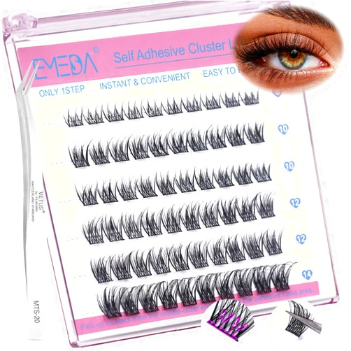 EMEDA Self Adhesive Eyelashes Clusters Kit Double V Shape Glueless Lashes 60PCS Pre Bonded Cluster Lashes, Press on Lashes No Glue Need Soft Self Adhesive Lashes (Natural Look-D-10-16mm)