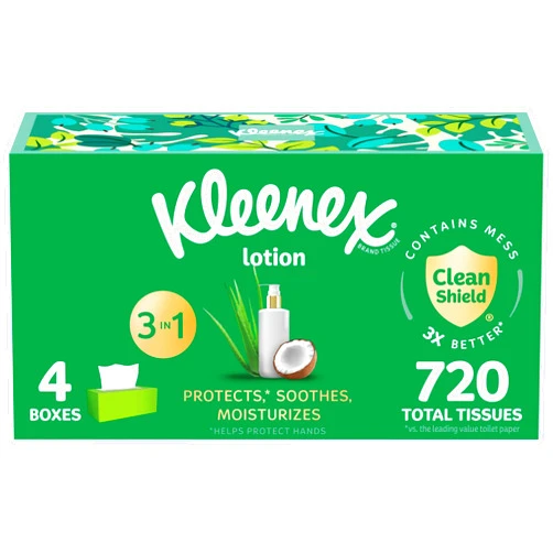 Kleenex Lotion Facial Tissues with Coconut Oil, 4 Flat Boxes, 180 Tissues Per Box, 3-Ply