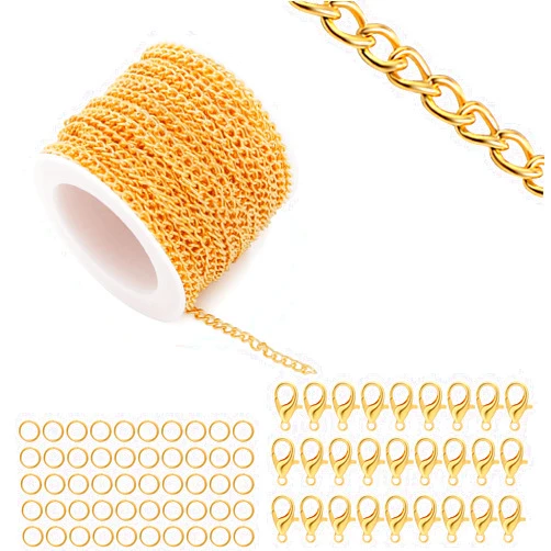 Lemonkey 33 Feet Metal Gold Necklace Chains Curb Links Chains Bulk for Jewelry Making DIY Craft Kit with Lobster Clasps Jump Rings